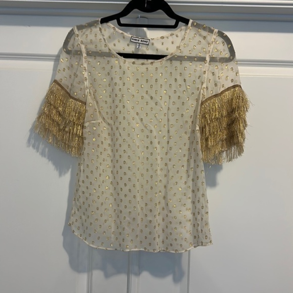 Chris Benz Cream Sheer Blouse with Gold Metallic Dot & Fringe Sleeves